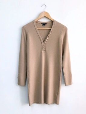 Club Monaco camel sweater dress Ribbed Knit Beige Wool Blend Button details XS